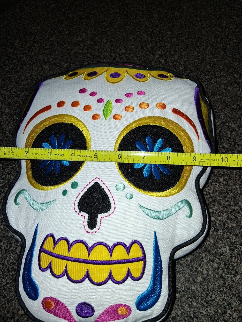 Embroidered Sugar Skull Pillow - White with Yellow, Blue & Black Accents